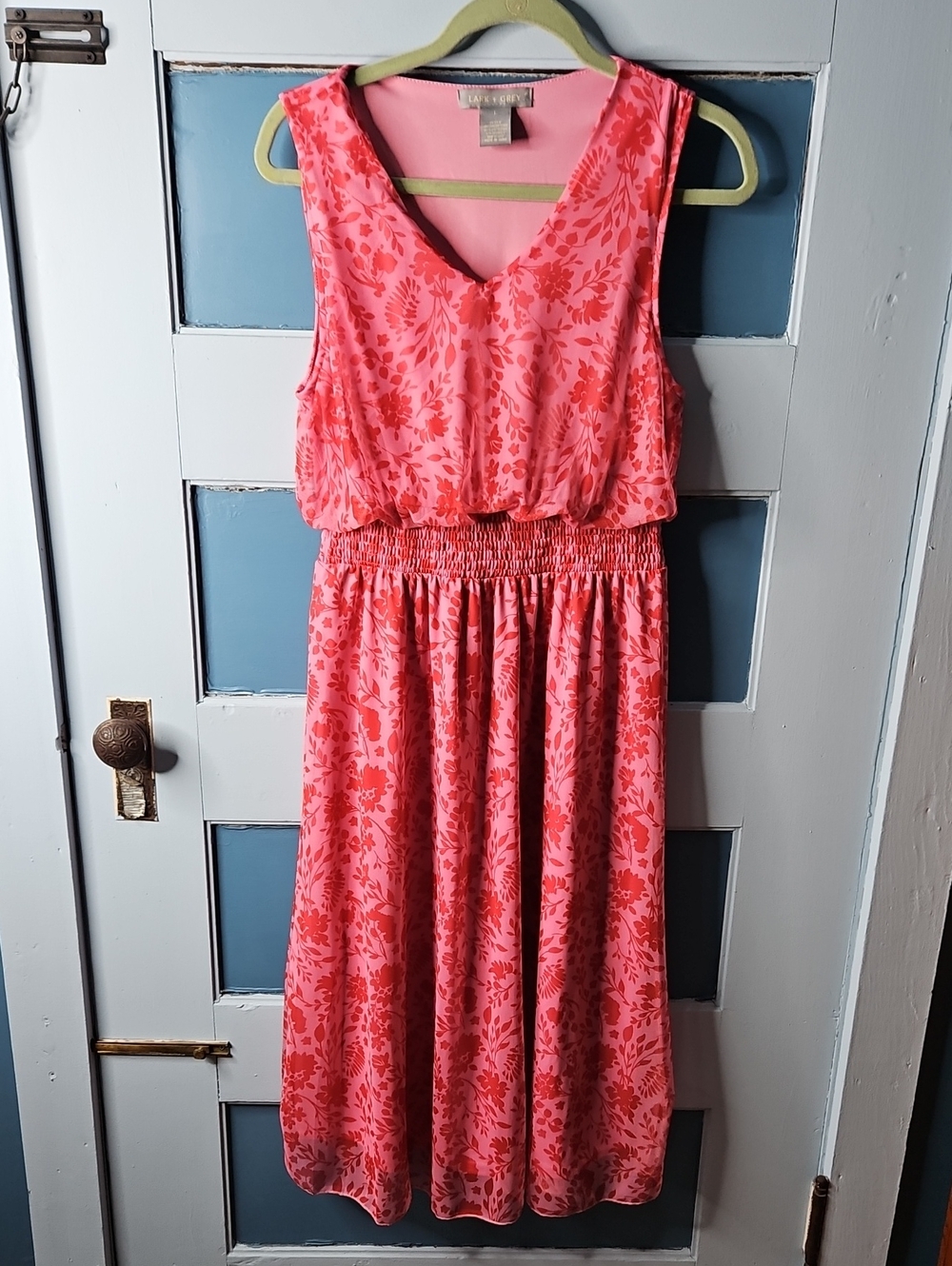 Lark & Grey Pink Red Floral V‑Neck Sleeveless Dress Large